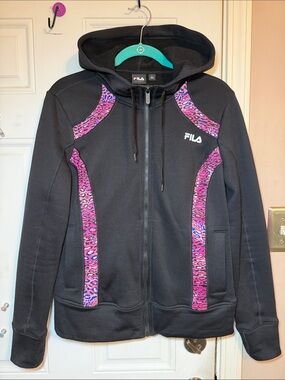 FILA Black Zip Hoodie Jacket with Pink Animal Print Panels

Reflective